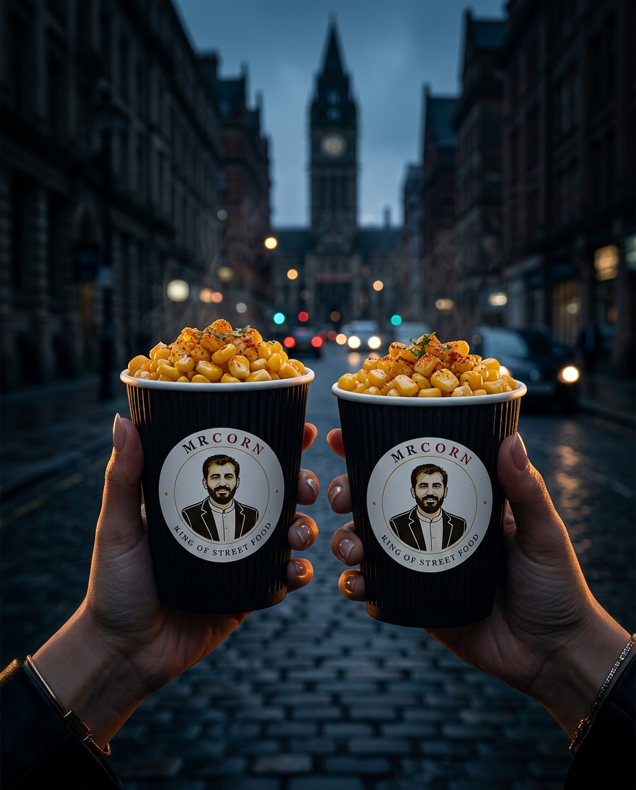 Two branded Mr Corn cups held up against Manchester street at dusk