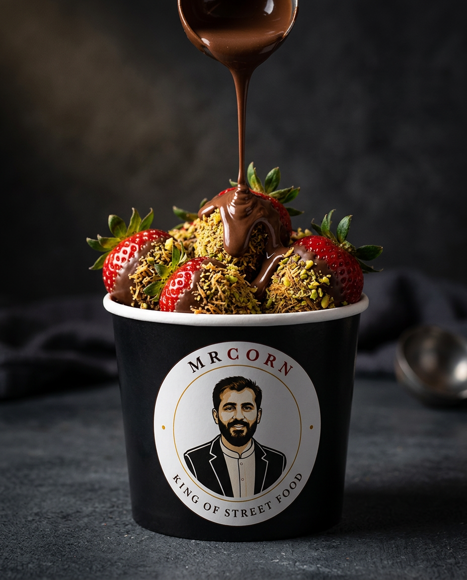 Branded Mr Corn cup of Dubai chocolate strawberries with pistachio kunafa